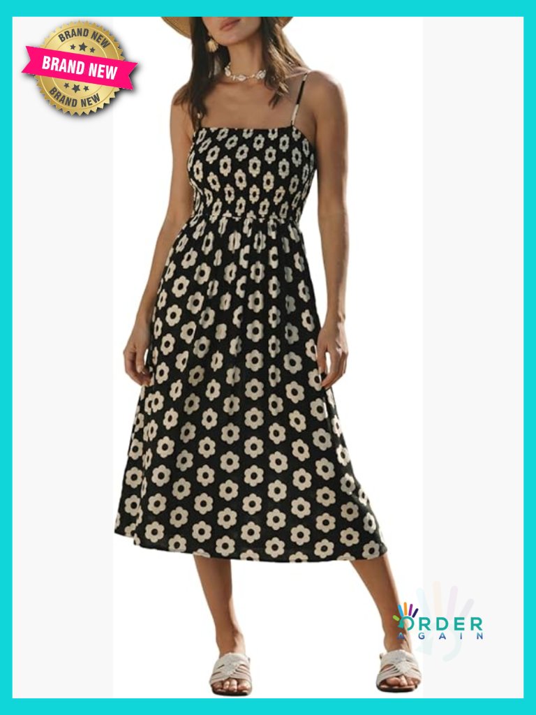 Floral Square Neck Spaghetti Strap Midi Dress Smocked Waist A-Line Summer